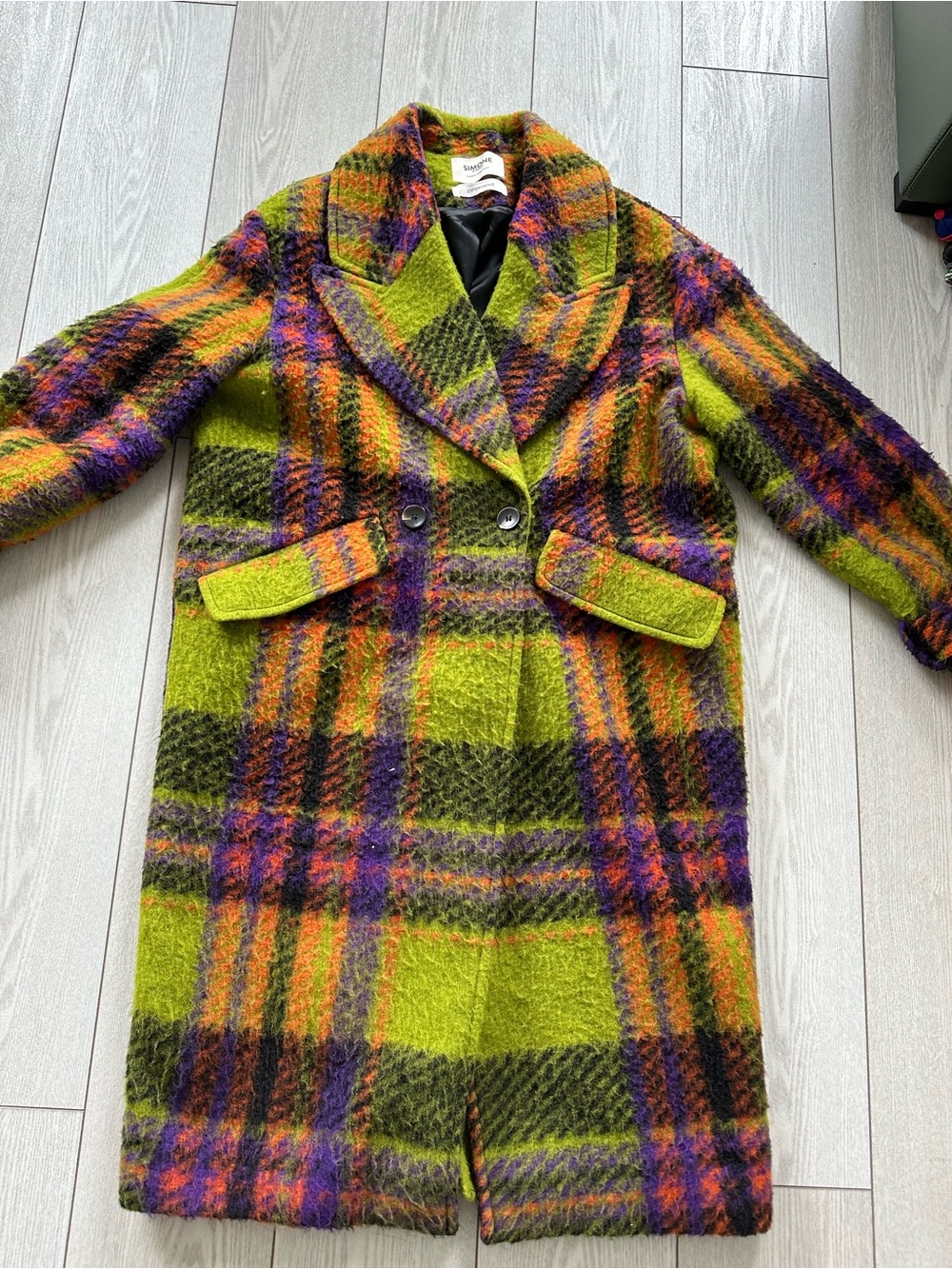 Promod Olive Green Plaid Double-Breasted Pea Coat with Orange & Purple Accents